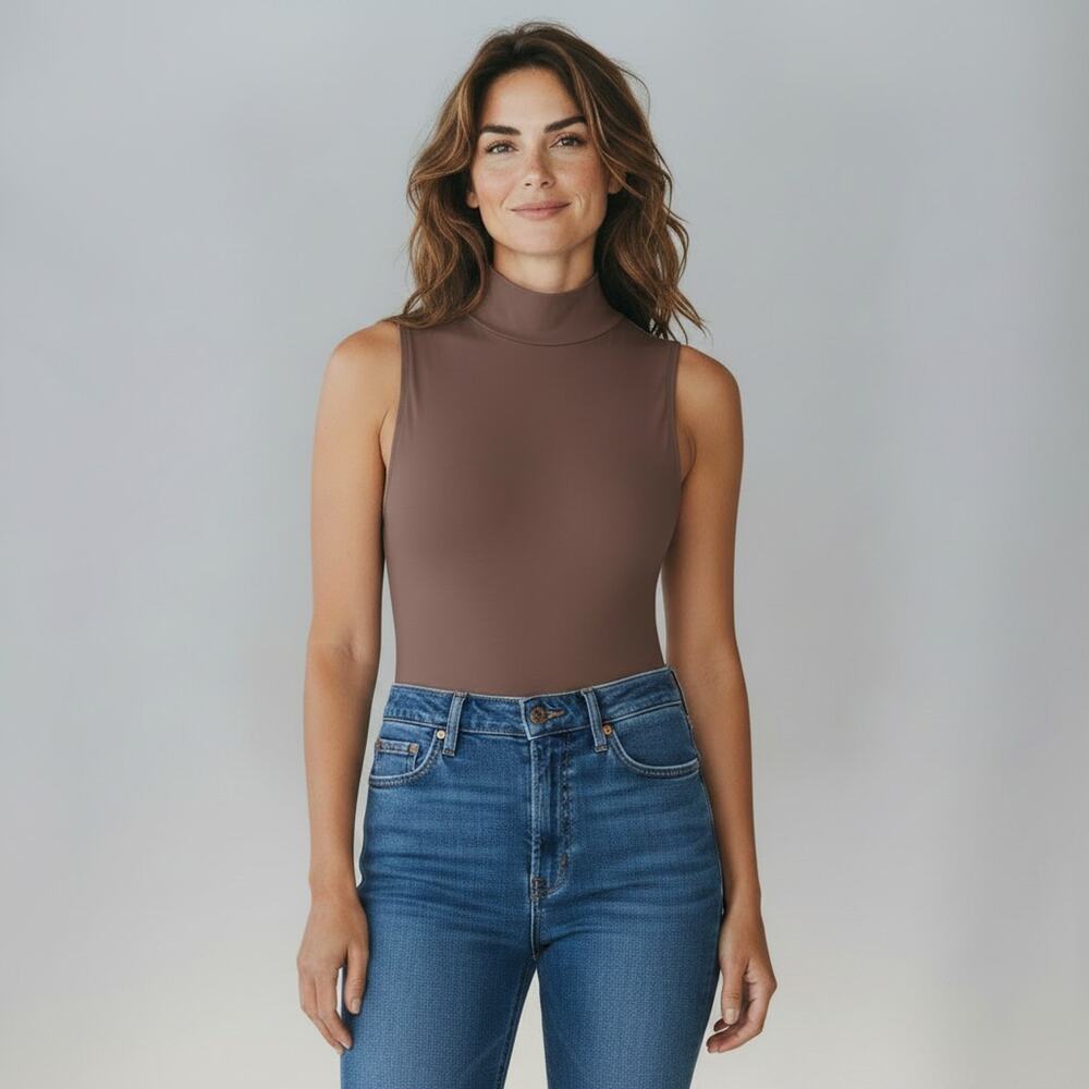 B0 NWT DONNA KAREN Black Label Brown Mock Neck Sleeveless Bodysuit Size XL